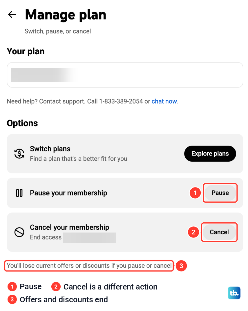 The YouTube TV Manage plan page with the Switch plans, Pause your membership and Cancel your membership rows.