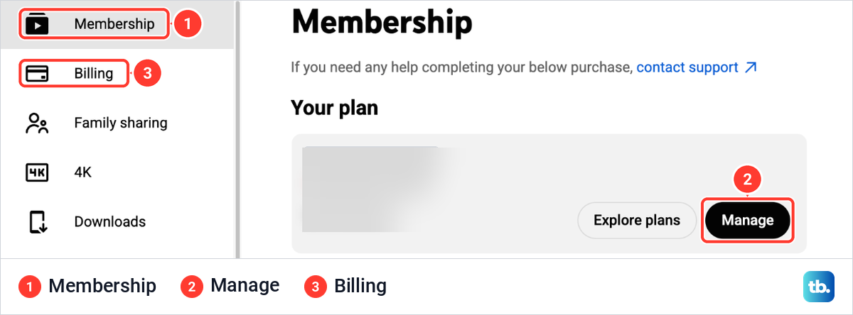 The YouTube TV Membership page in Settings with the Your plan card and its Manage button.