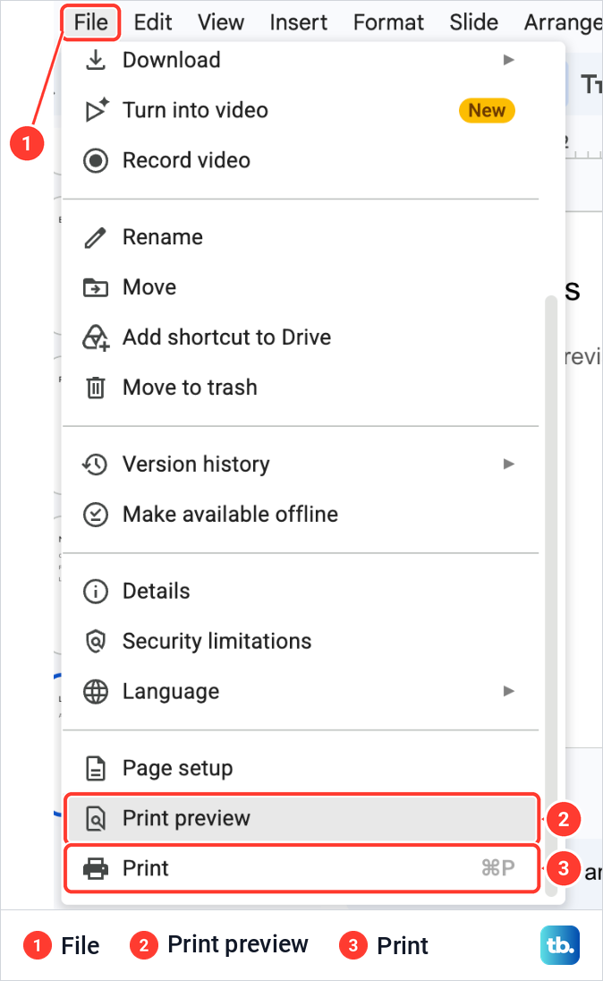 The Google Slides File menu scrolled to its end, showing Page setup, Print preview and Print with Command P.