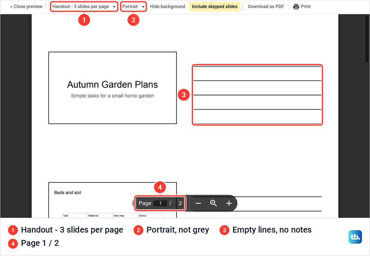 A Google Slides handout preview with three slides per page and empty ruled lines beside each slide instead of notes.