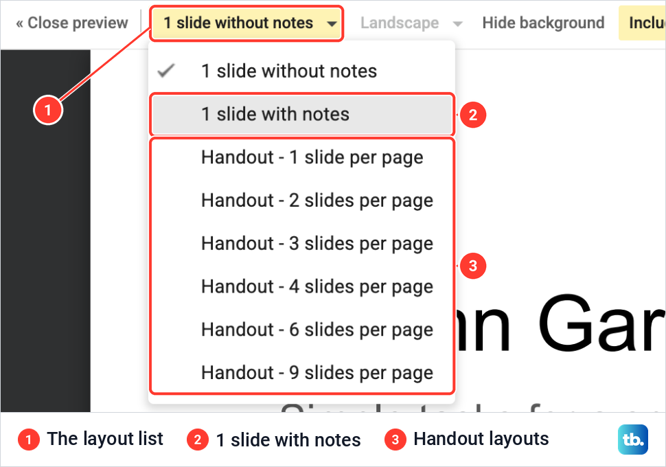 The print preview layout list open with 1 slide with notes highlighted under 1 slide without notes and six Handout layouts.