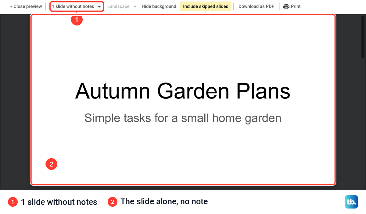 Google Slides print preview set to 1 slide without notes, with the title slide filling a landscape page and no note.