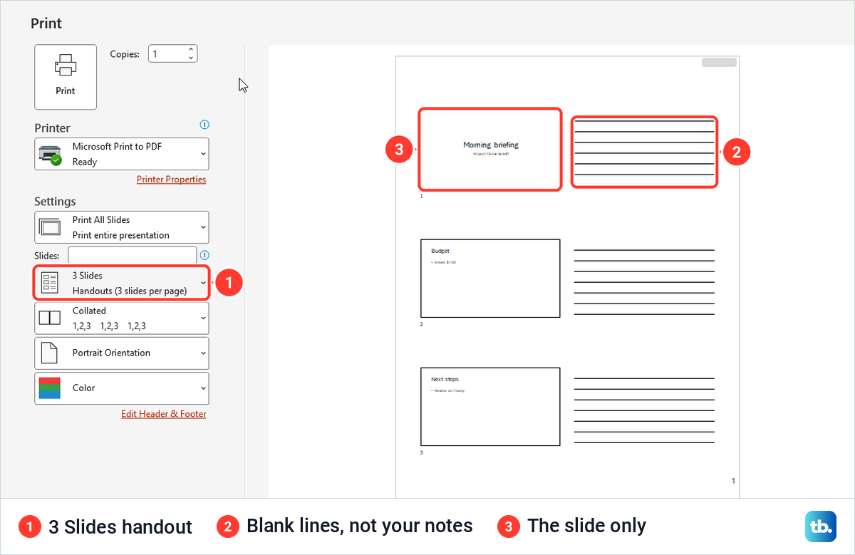 PowerPoint print preview of a 3 Slides handout with blank lines beside each slide and no notes.