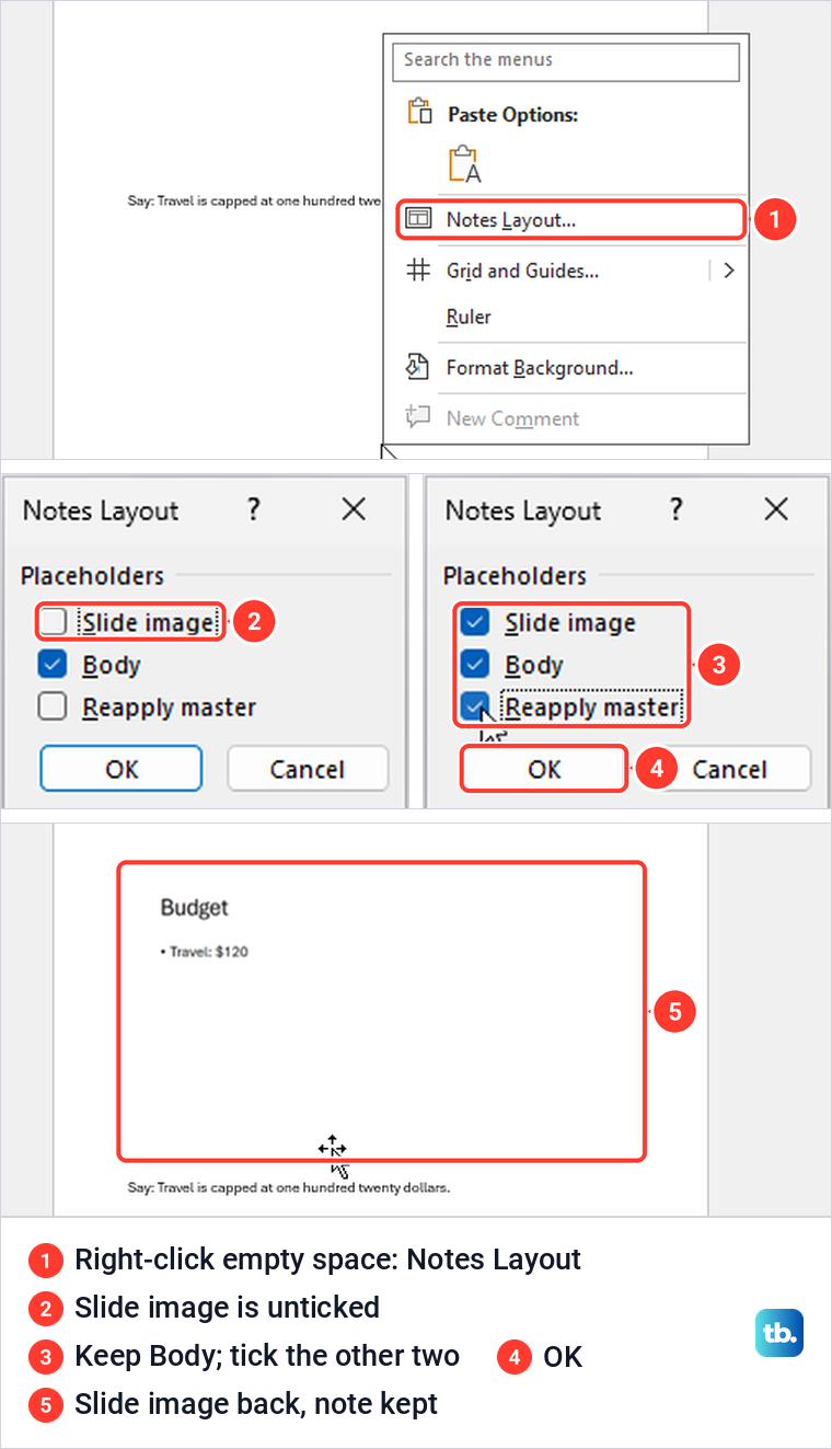 PowerPoint Notes Layout dialog before and after ticking Slide image and Reapply master, with Body left on.