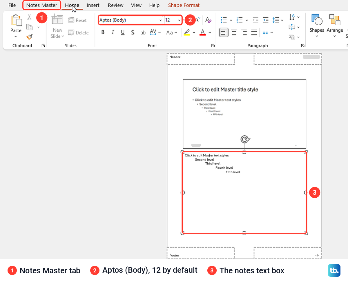 PowerPoint Notes Master view with the notes text box selected and the font box showing Aptos 12.