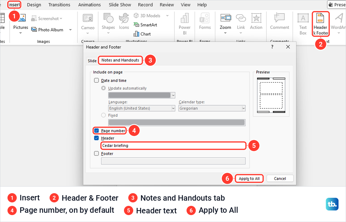 PowerPoint Header and Footer dialog on the Notes and Handouts tab with Page number and Header ticked.