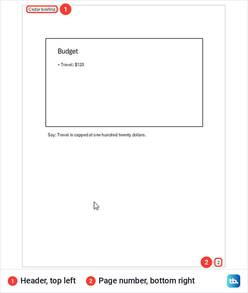 PowerPoint print preview of a notes page with the header at the top left and the page number.