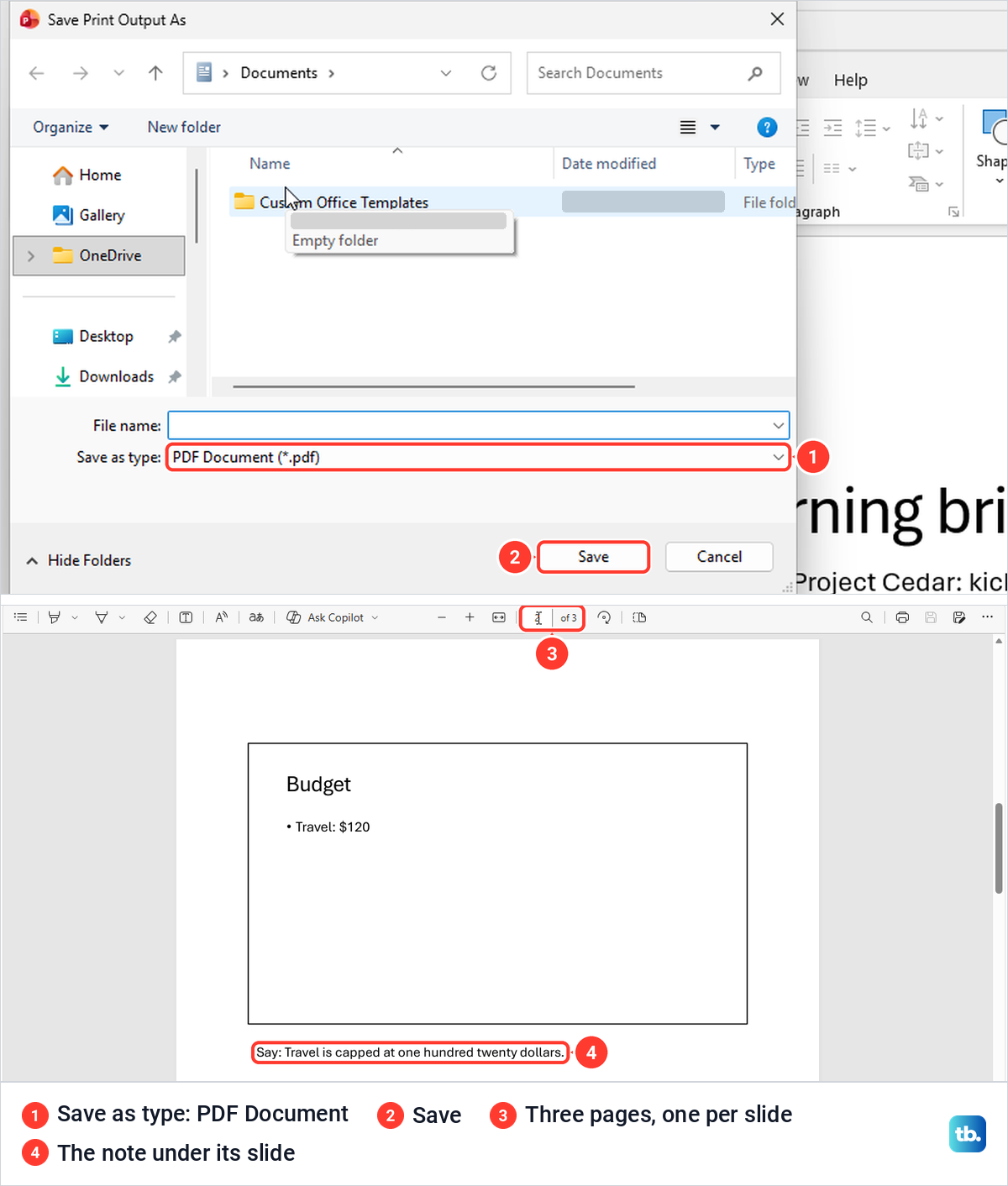 Save Print Output As window set to PDF Document, then the notes PDF open in Edge.