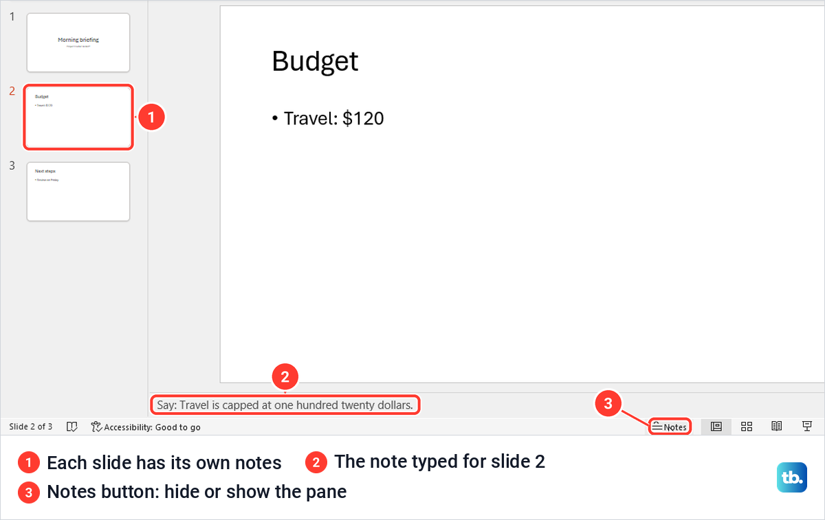 PowerPoint Normal view with a speaker note in the notes pane under slide 2 and the Notes button.