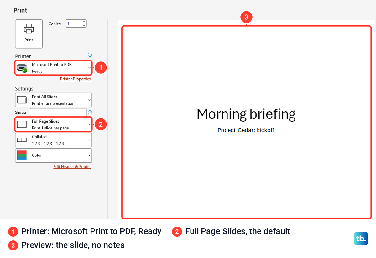 PowerPoint Print page with Microsoft Print to PDF and Full Page Slides, previewing a slide without notes.