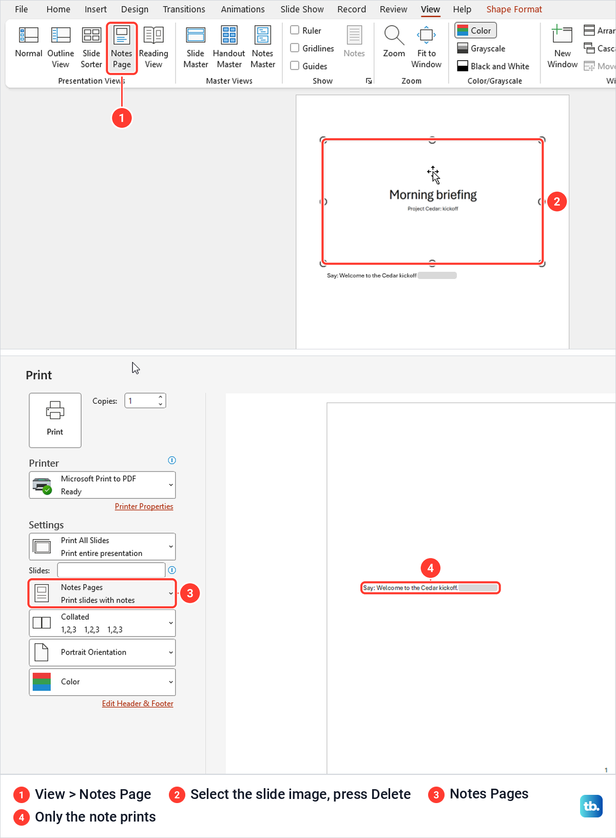 PowerPoint Notes Page view with the slide image selected, then a print preview showing only the note.
