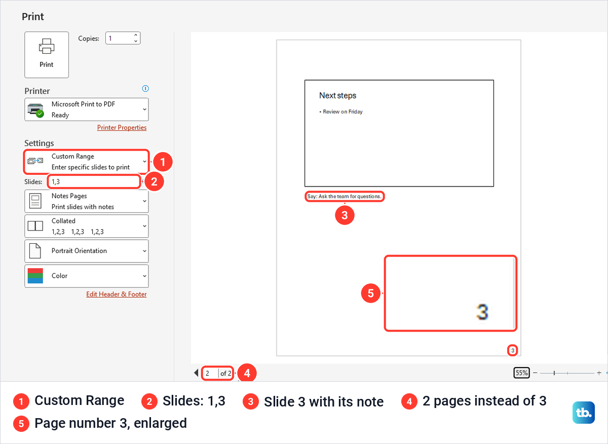 PowerPoint Print page with Custom Range 1,3 and Notes Pages, previewing slide 3 with its note.
