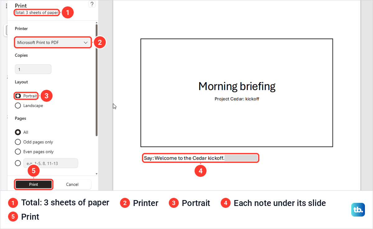 Microsoft Edge print dialog for PowerPoint for the web previewing a slide with its note underneath.