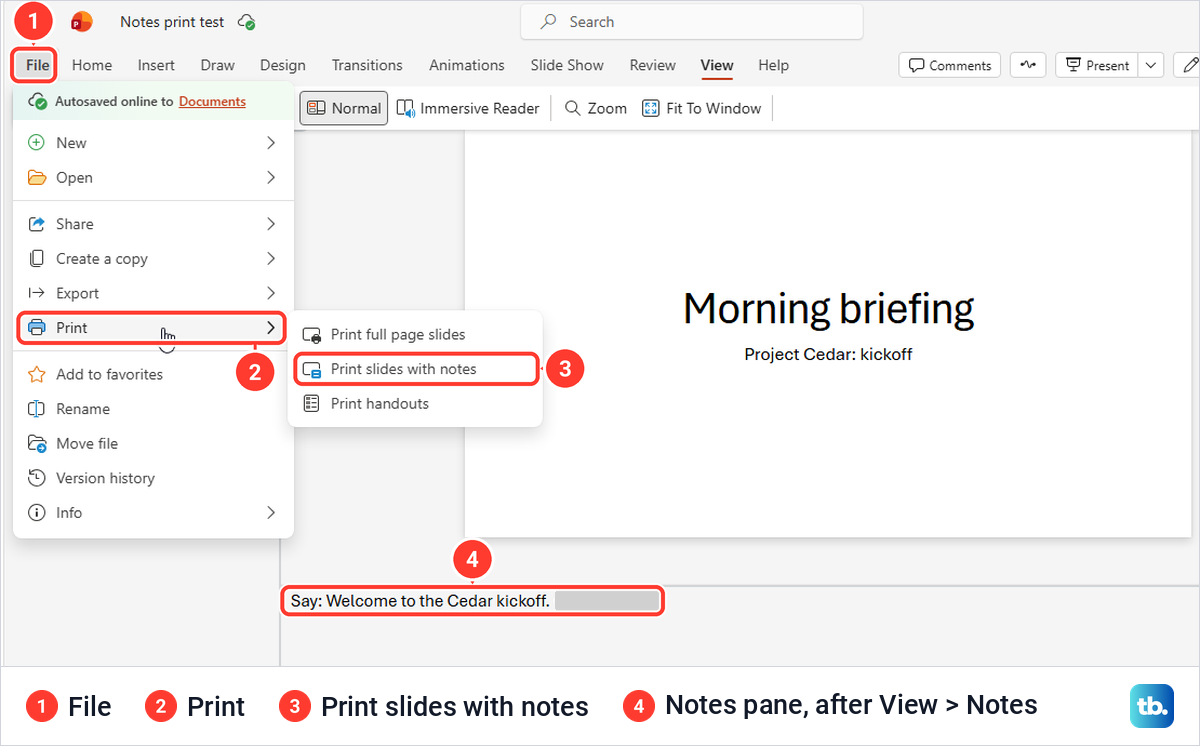 PowerPoint for the web File menu with Print open and Print slides with notes highlighted.