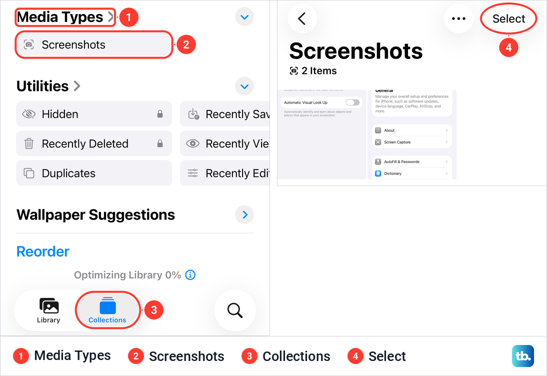 The Screenshots album under Media Types in Photos Collections, with the Select button.