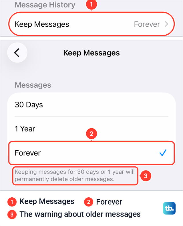The iPhone Keep Messages setting set to Forever with its warning about deleting older messages.