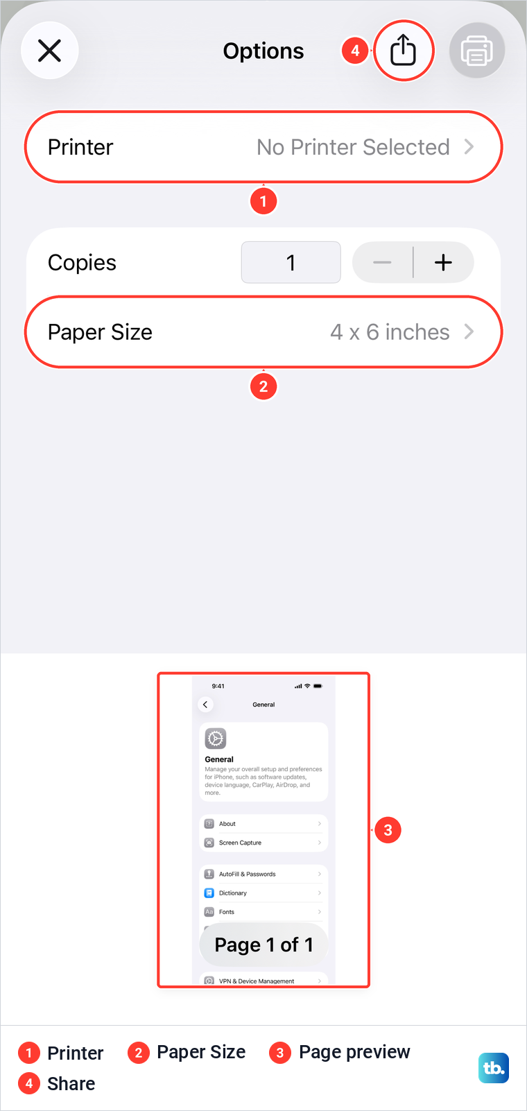 The iPhone print Options screen for a screenshot with the Printer, Paper Size and Share controls.