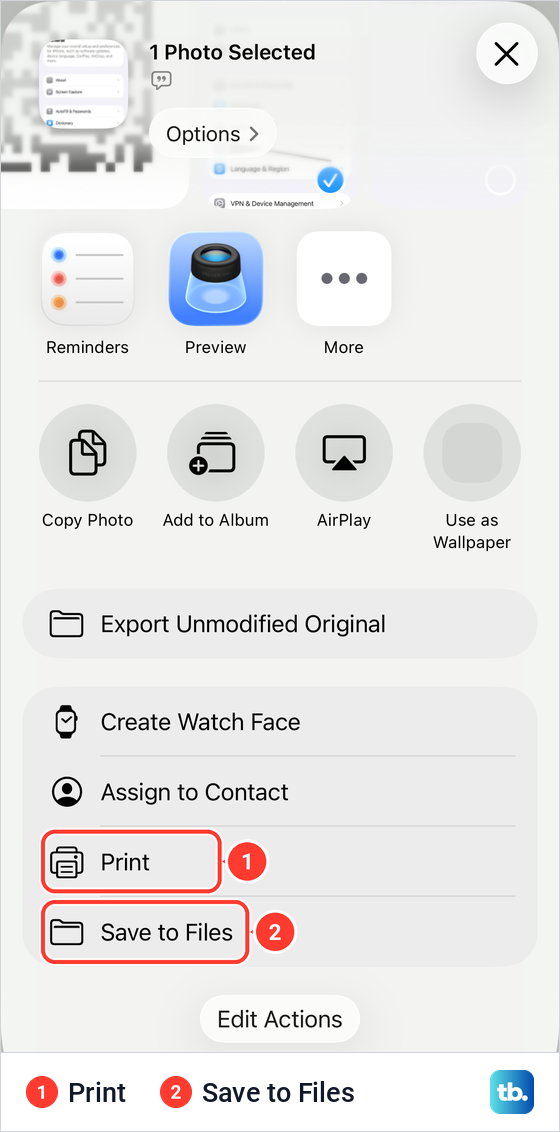 The iPhone share sheet for a screenshot scrolled down to the Print and Save to Files rows.