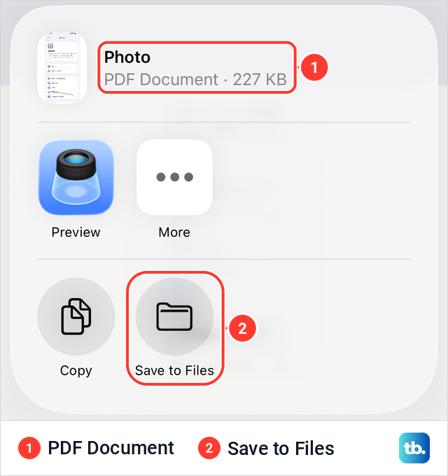 The share sheet from the iPhone print screen offering a PDF Document with Save to Files.