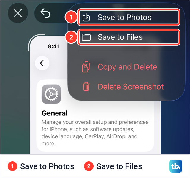 The iPhone screenshot checkmark menu with Save to Photos and Save to Files.