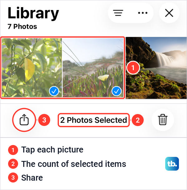Two pictures selected in the iPhone Photos library with the selection count and the Share button.