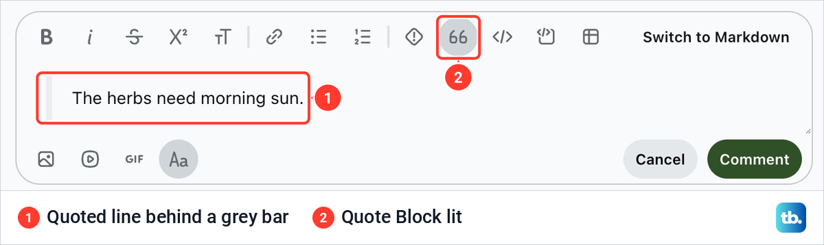 Reddit comment draft with the line The herbs need morning sun indented behind a grey bar and the 66 button highlighted.