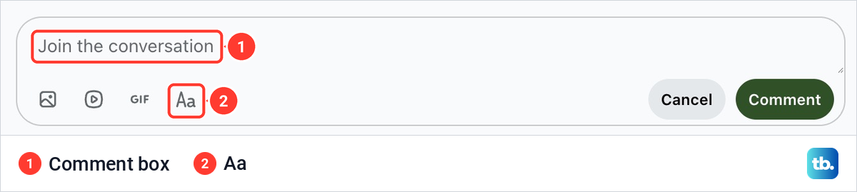 Reddit comment box reading Join the conversation with image, video, GIF and Aa icons and the Comment button.