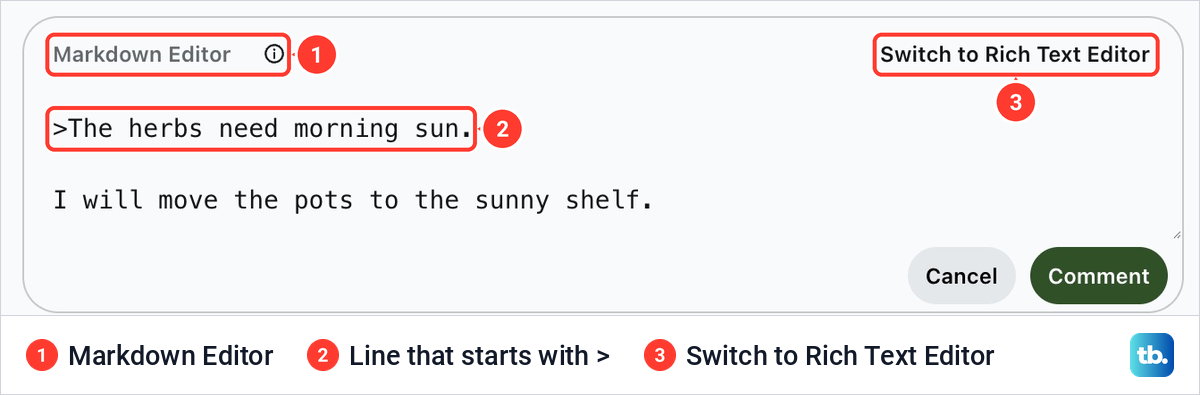 Reddit Markdown Editor showing a line that starts with a greater-than sign, an empty line, then the reply.