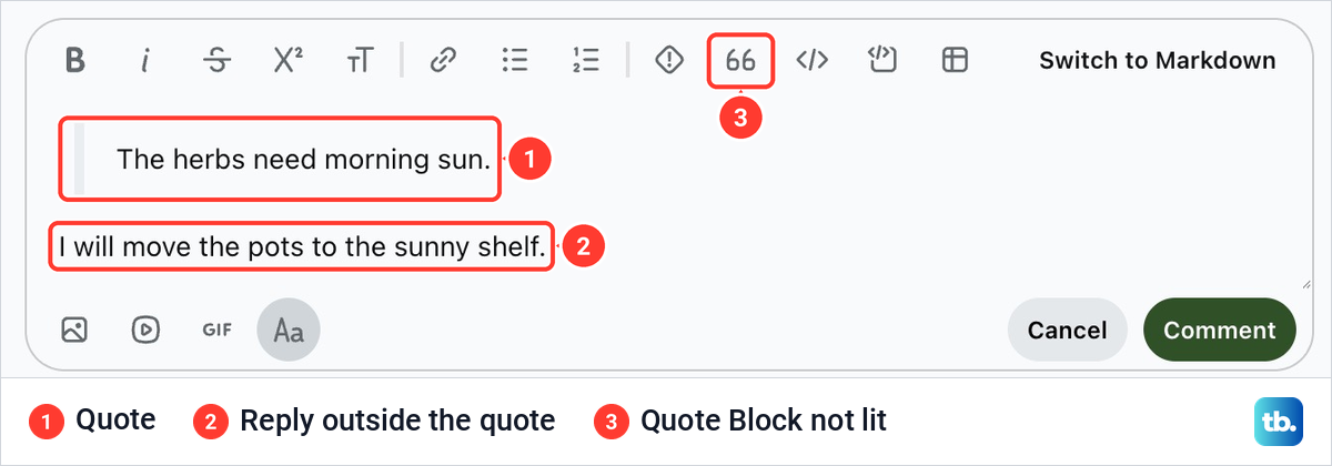 Reddit comment draft with a quoted line behind a grey bar and an ordinary reply line under it.