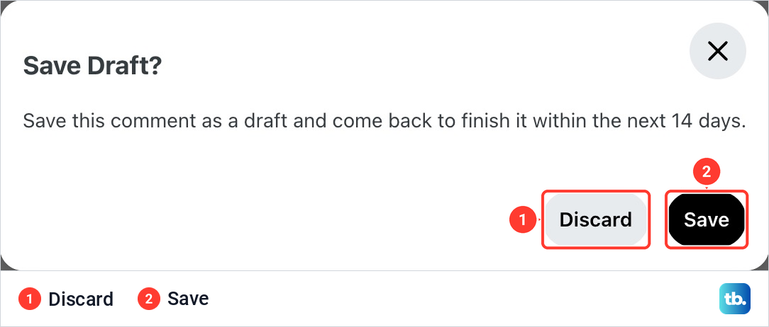 Reddit Save Draft dialog offering to keep an unfinished comment for 14 days, with Discard and Save buttons.