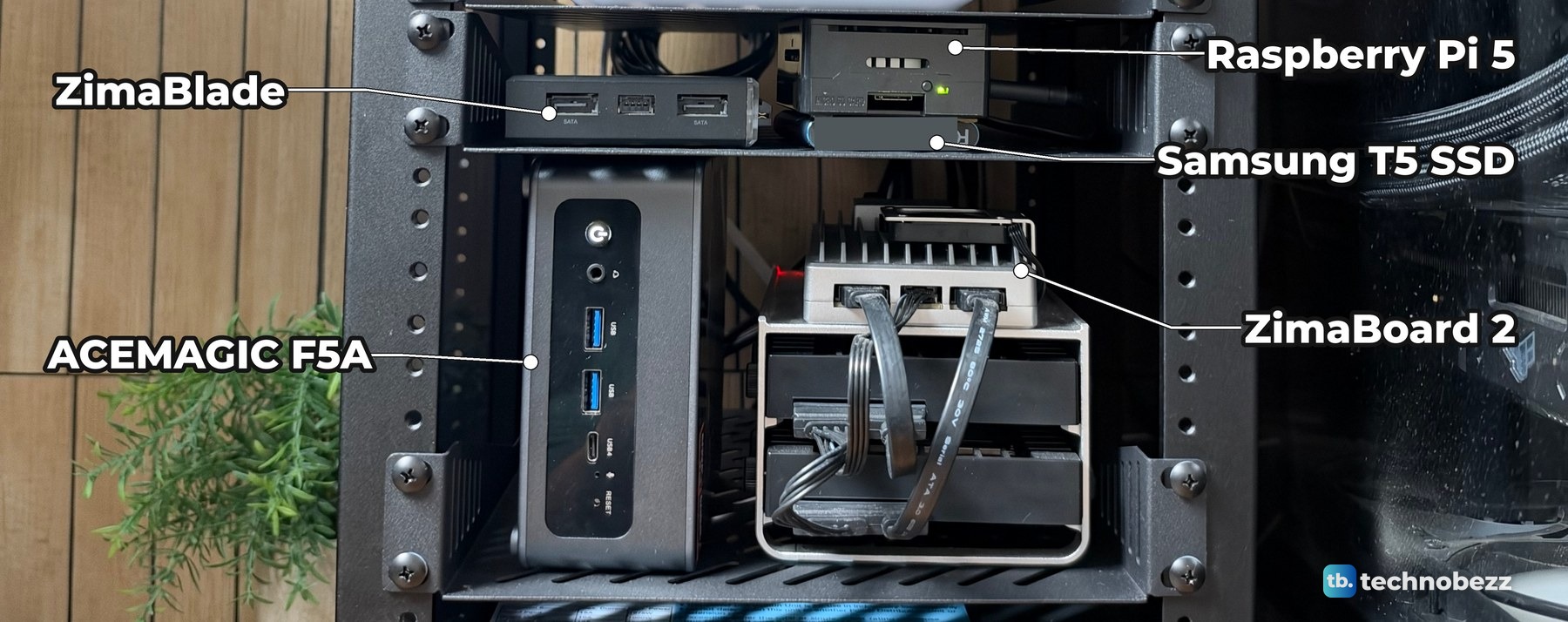 Raspberry Pi 5, Samsung T5 SSD and ZimaBlade on one rack shelf, ACEMAGIC F5A and ZimaBoard 2 on the shelf below