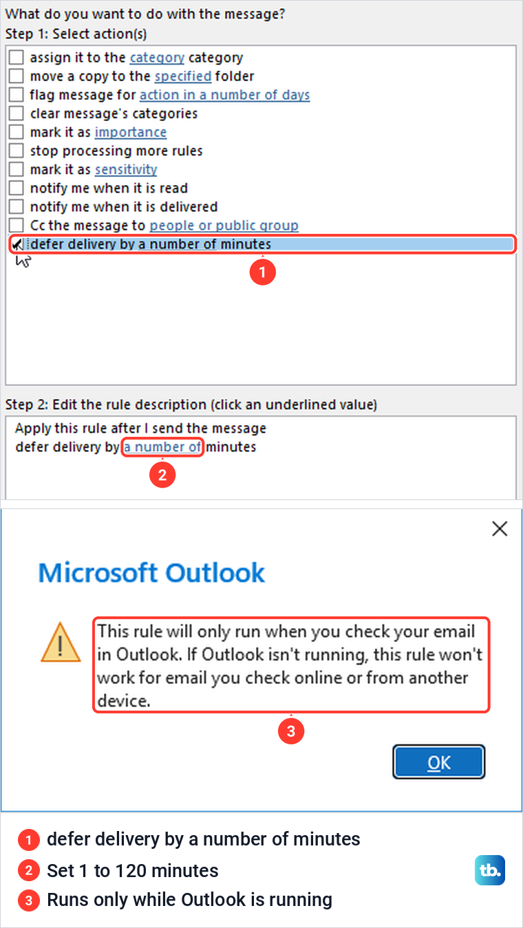 The classic Outlook Rules Wizard with defer delivery ticked above the warning that the rule runs only in Outlook.