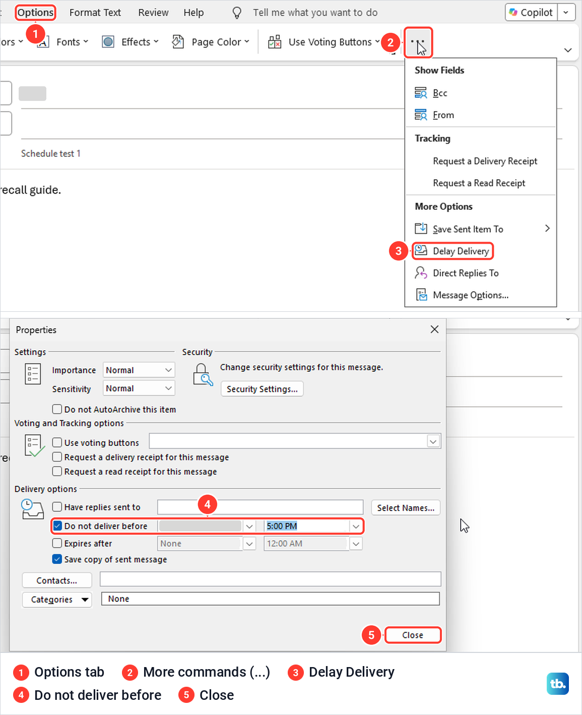 Classic Outlook Options tab with Delay Delivery in its More commands menu above the Properties dialog.