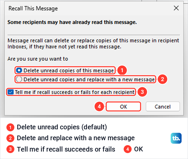 The Recall This Message dialog in classic Outlook with its two choices and the report check box.