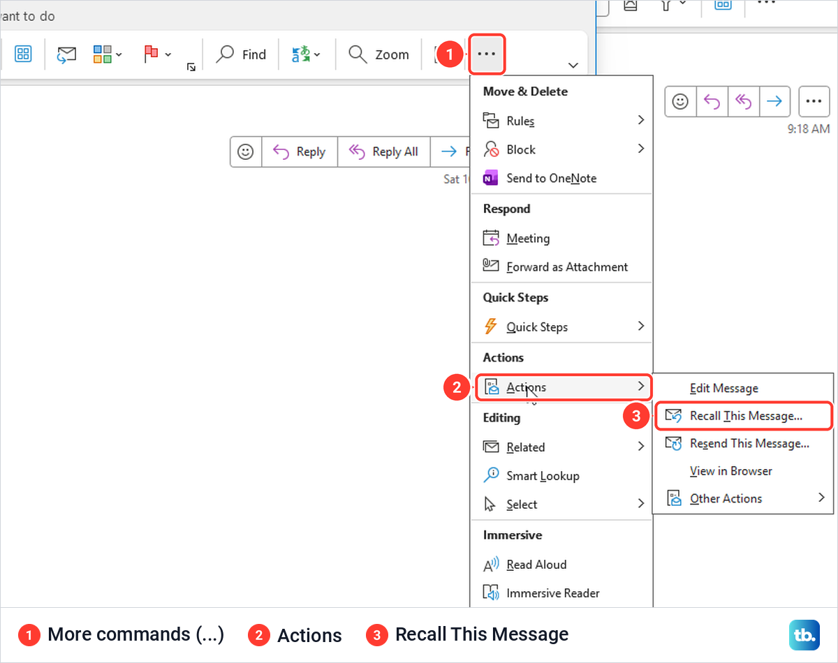 A sent message open in classic Outlook with the More commands menu, Actions and Recall This Message showing.