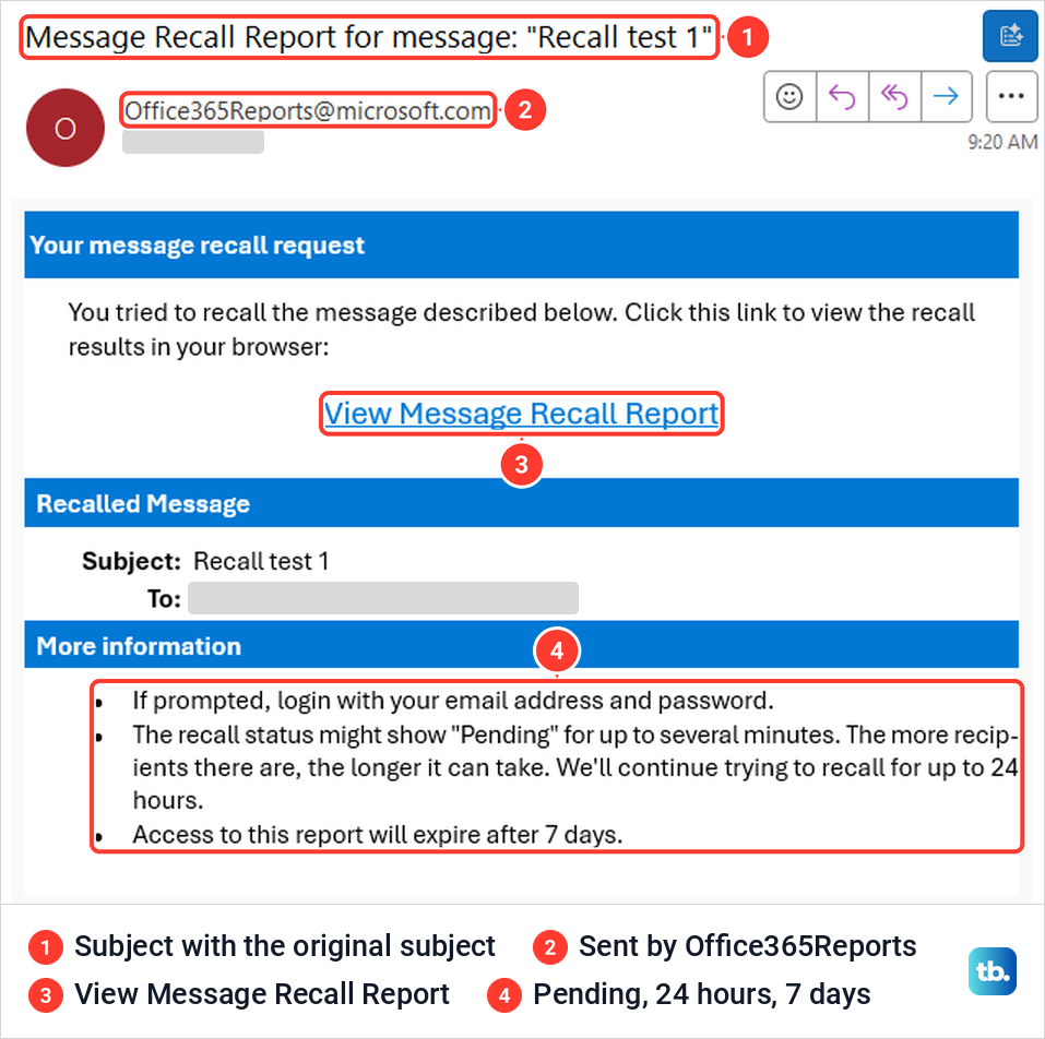 A Message Recall Report email from Office365Reports with the View Message Recall Report link.
