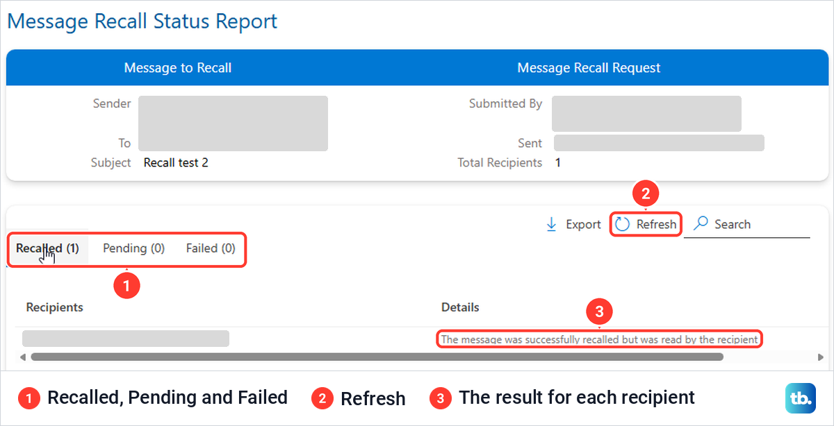 The Message Recall Status Report page showing a message recalled after it had been read.