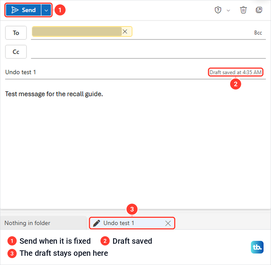 An email reopened for editing in Outlook on the web after Undo, with a Draft saved note.