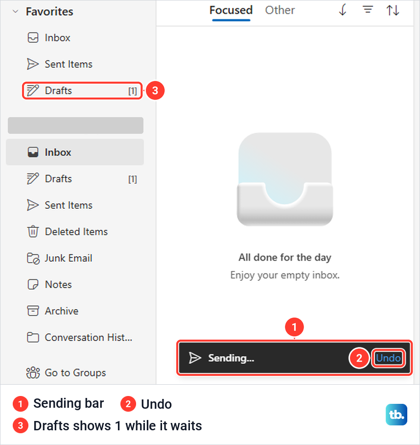 The Sending bar with an Undo link at the bottom of the Outlook on the web message list.