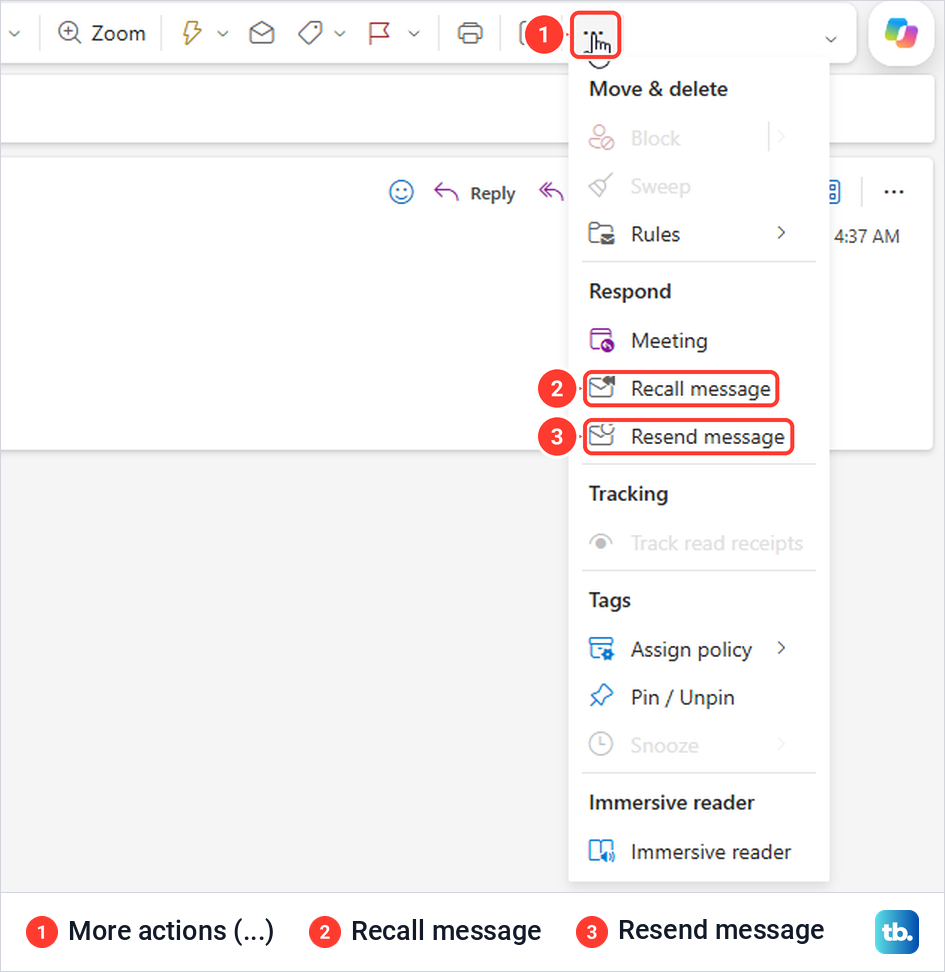 A sent message open in its own Outlook on the web window with Recall message in the More actions menu.