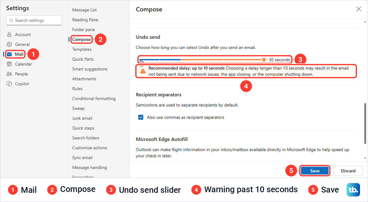 Outlook on the web Settings on Mail and Compose with the Undo send slider at 30 seconds.