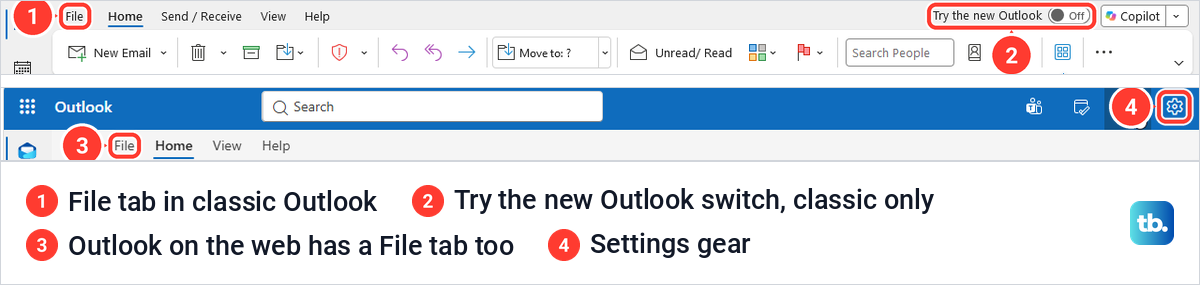 The top of classic Outlook with its Try the new Outlook switch above the top of Outlook on the web with its Settings gear.