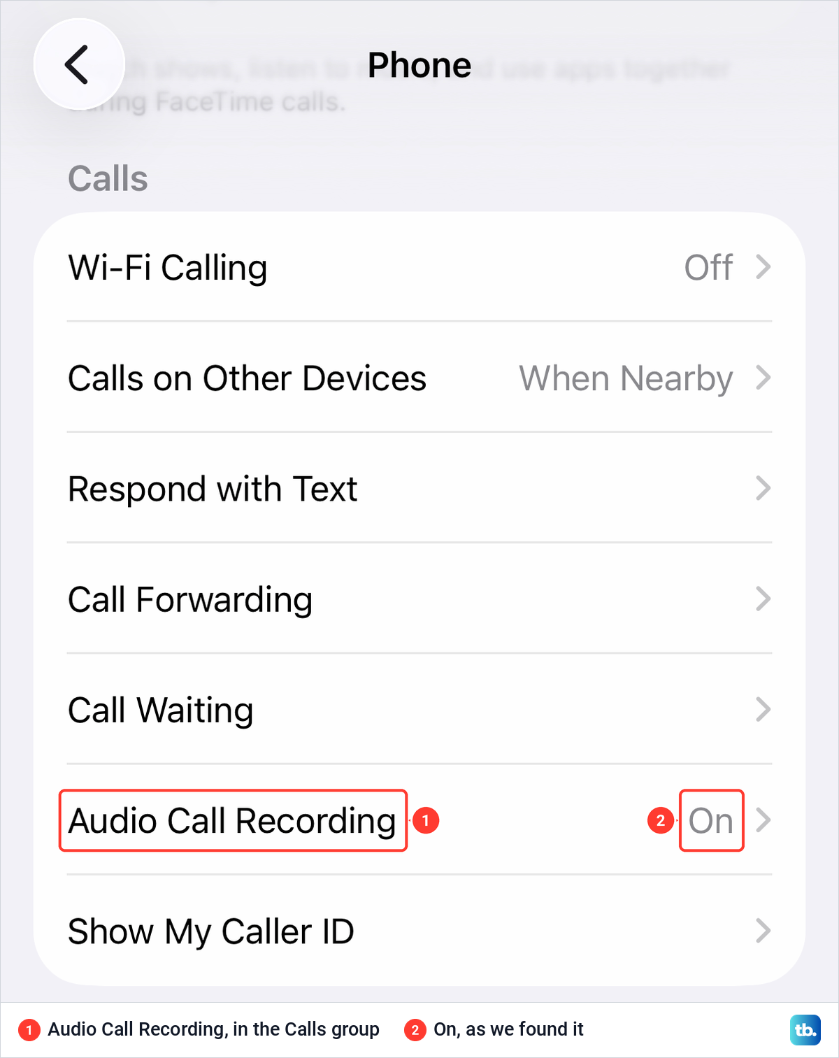 The Calls group in iPhone Phone settings with the Audio Call Recording row set to On.