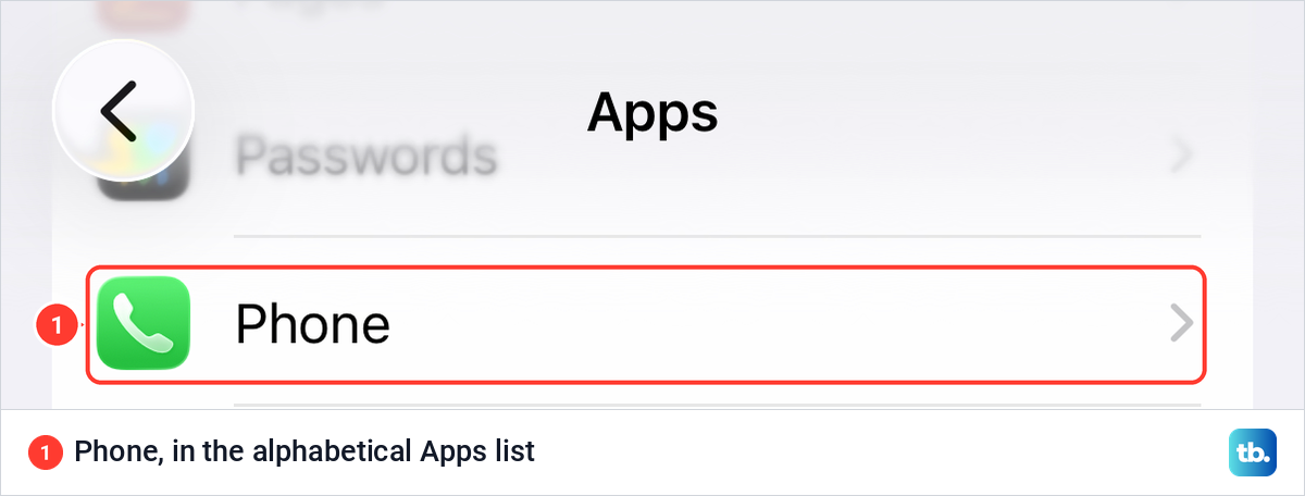 iPhone Settings Apps list scrolled to the P section with the Phone row highlighted.
