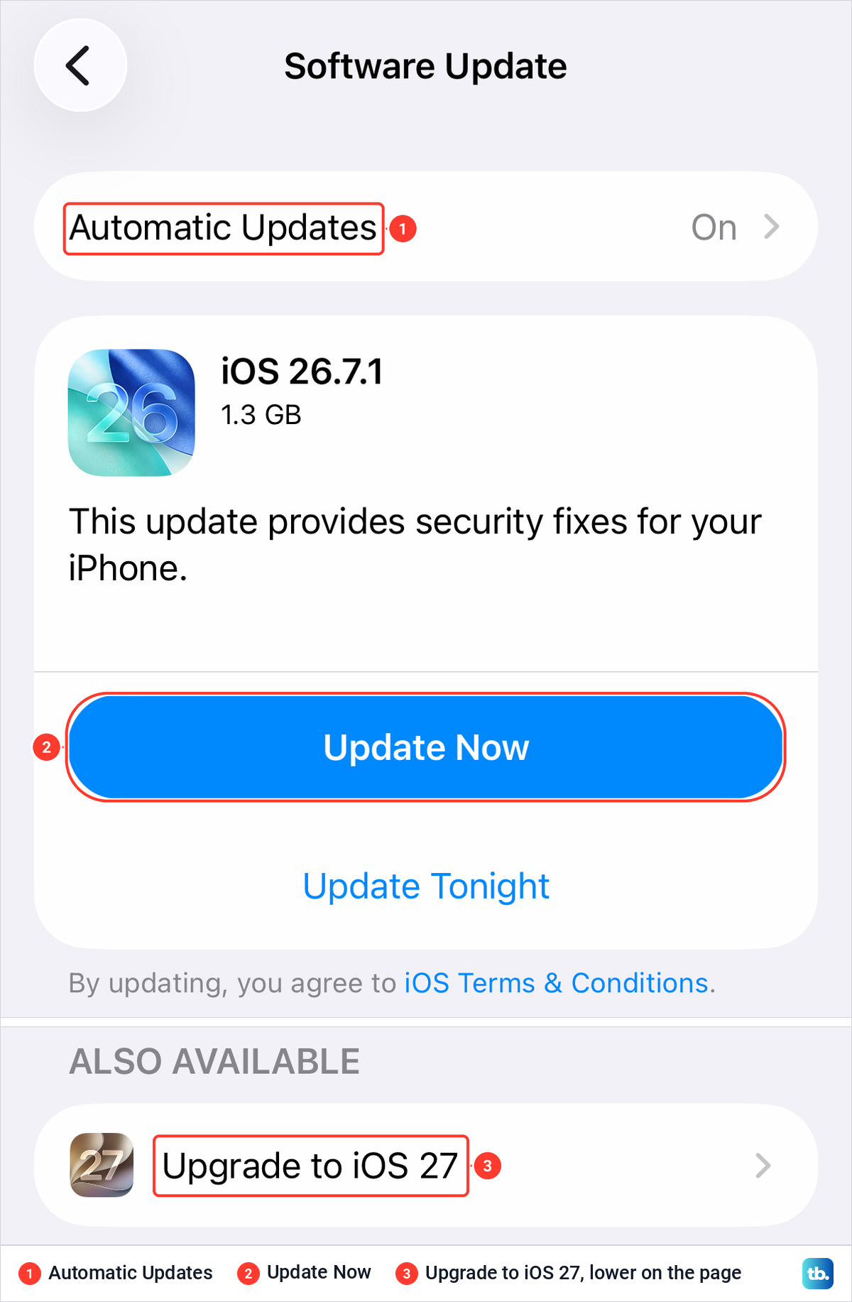 iPhone Software Update page with Automatic Updates, Update Now and Upgrade to iOS 27.