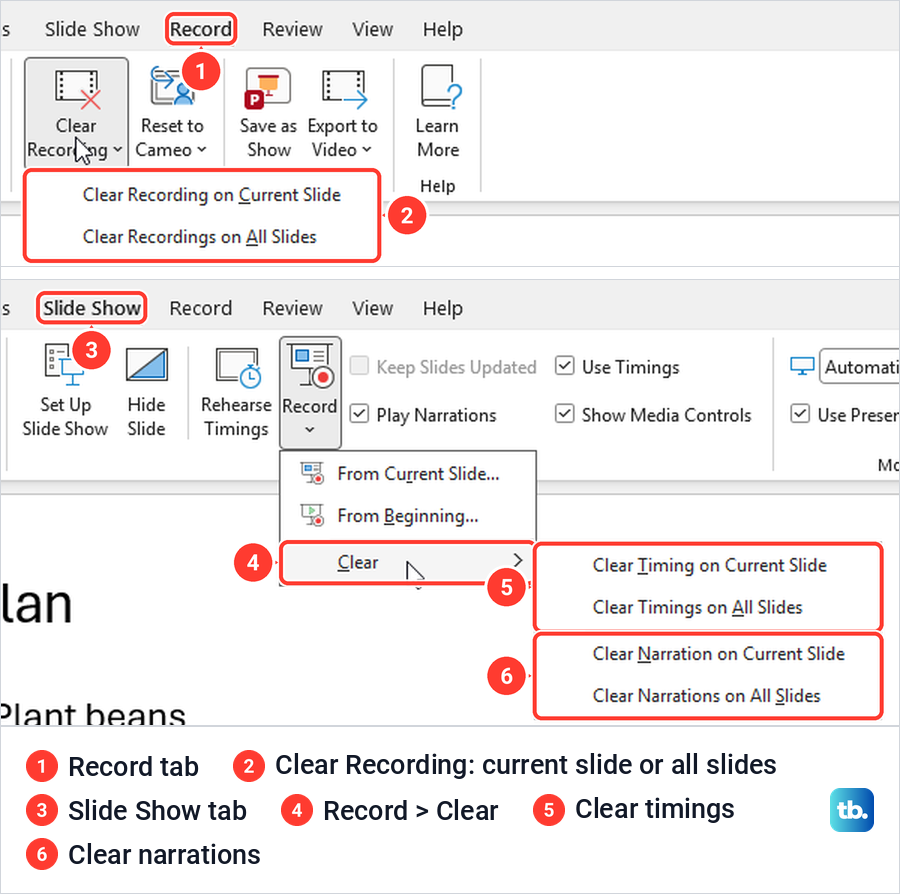 PowerPoint Clear Recording menu on the Record tab and the Clear submenu under Slide Show Record.