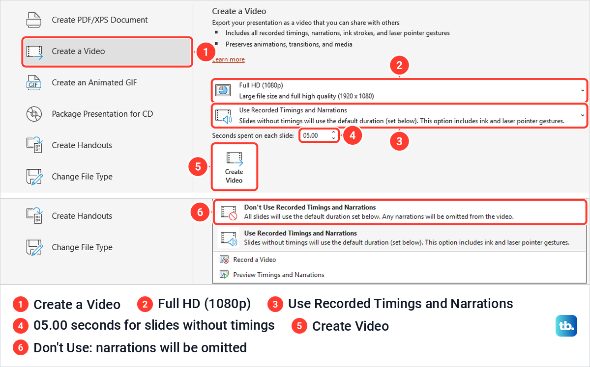 PowerPoint File Export Create a Video page with Full HD and Use Recorded Timings and Narrations selected.