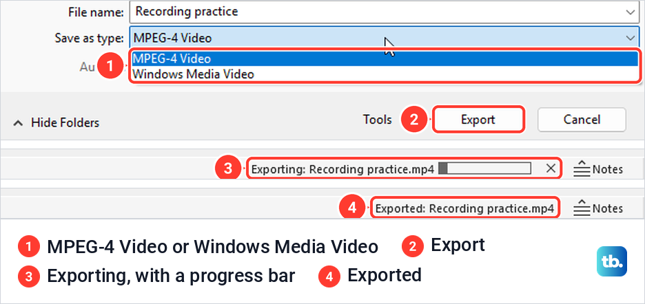 PowerPoint Export Video window with MPEG-4 Video selected, then the status bar while exporting and when done.