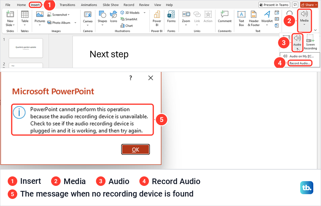 PowerPoint Insert Media Audio menu with Record Audio, and the message that the recording device is unavailable.