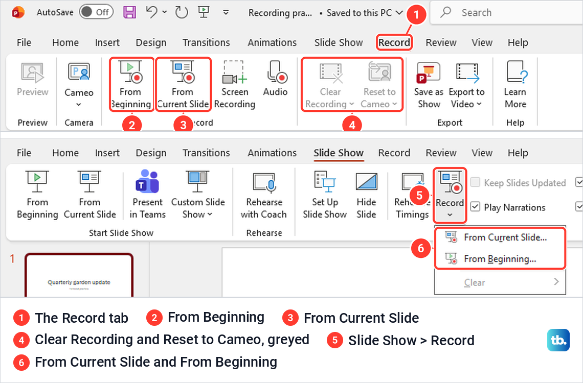 PowerPoint Record tab with From Beginning and From Current Slide, above the Slide Show tab's Record menu.